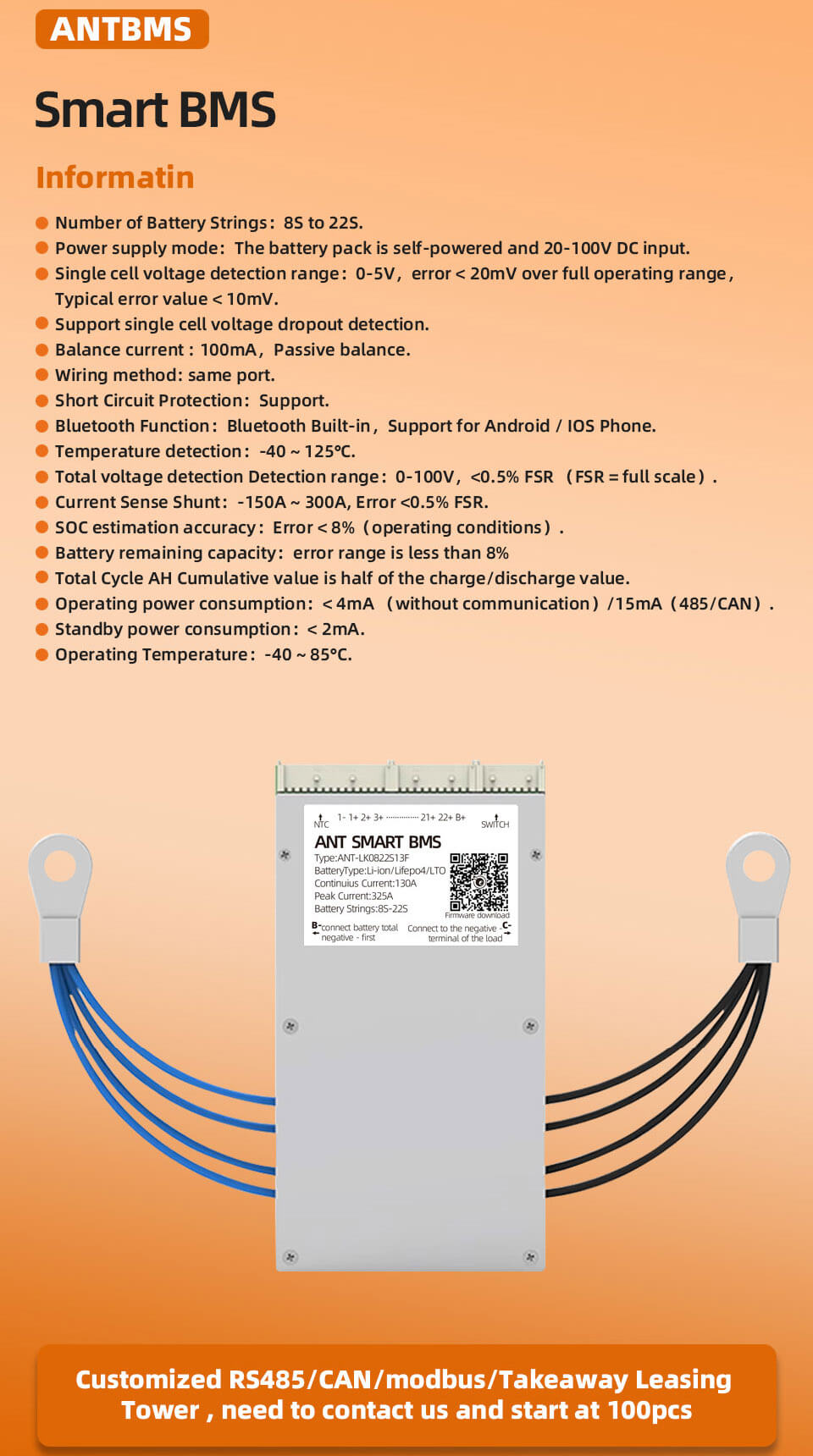 ANT BMS 8S 9S 10S 11S 12S 13S 14S 15S 16S 17S 18S 19S 20S 21S 22S 40A 80A 110A 130A 170A 240A 380A Smart 24V 36V 48V 60V 72V 80V Lifepo4 li-ion LTO Battery Protection Board (7)