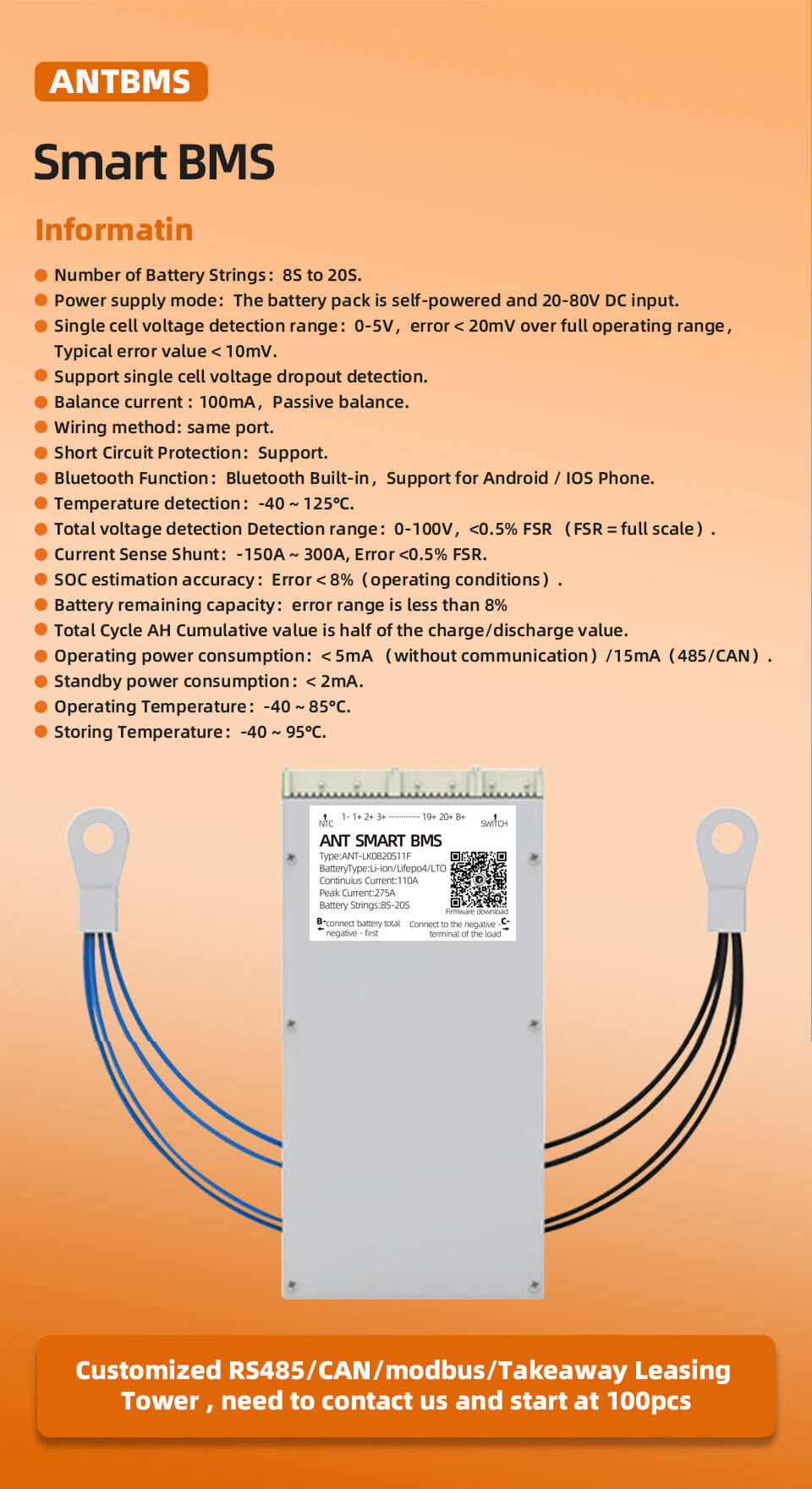 ANT BMS 8S 9S 10S 11S 12S 13S 14S 15S 16S 17S 18S 19S 20S 40A 80A 110A 130A 170A 240A 380A Smart 24V 36V 48V 60V 72V Lifepo4 li-ion LTO Battery Protection Board (5)