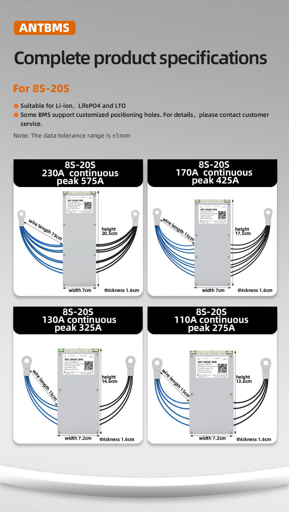 ANT BMS 8S 9S 10S 11S 12S 13S 14S 15S 16S 17S 18S 19S 20S 40A 80A 110A 130A 170A 240A 380A Smart 24V 36V 48V 60V 72V Lifepo4 li-ion LTO Battery Protection Board (6)